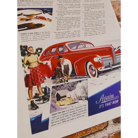 1940 Vintage Nash Red Car Print Ad with Couple Ice Skating on Pond 21.25mpg - Picture 2 of 10